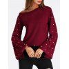 Beaded Bell Sleeve Skew Neck Ribbed Sweater - WINE RED M