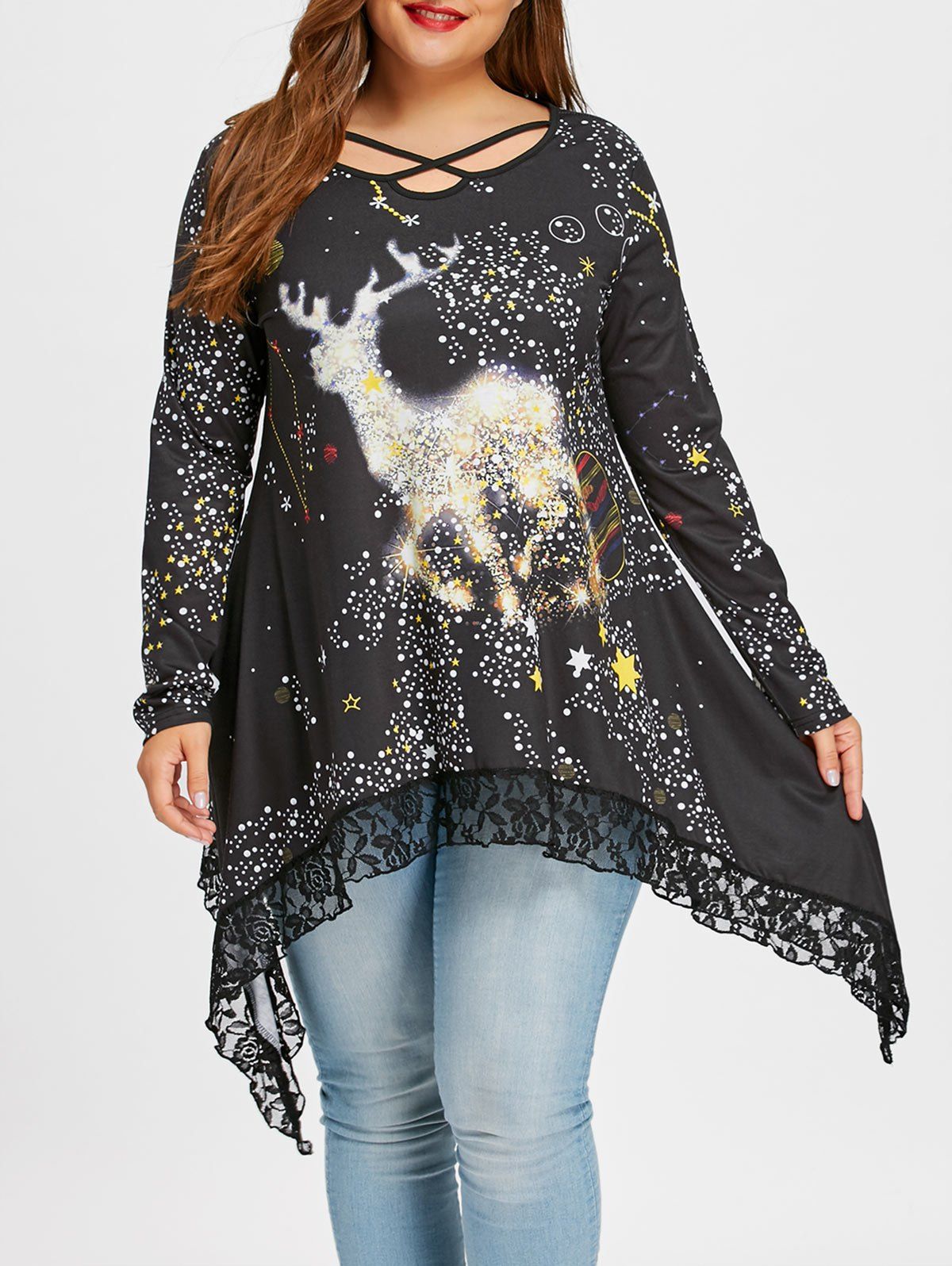 

Plus Size Galaxy Reindeer Lace Hem Top, Black