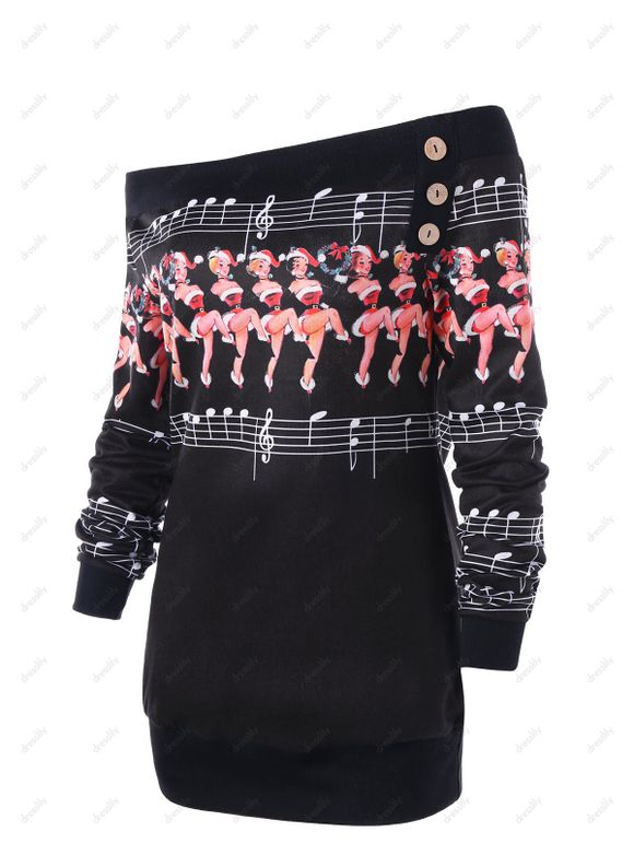 Sweatshirt Tunique Épaules Dénudées Imprimé Danseuses - Noir XL