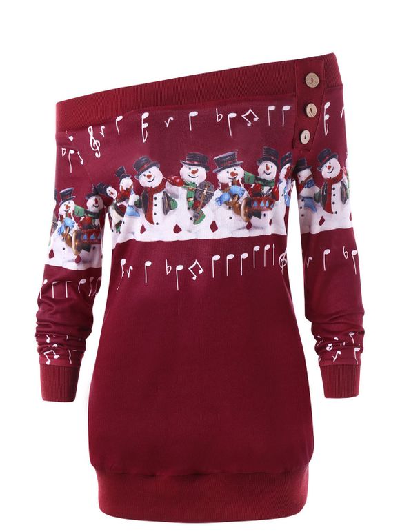 Sweatshirt avec Épaule Dénudée Motif Bonhomme de Neige de Noël Grande Taille - Rouge 5XL