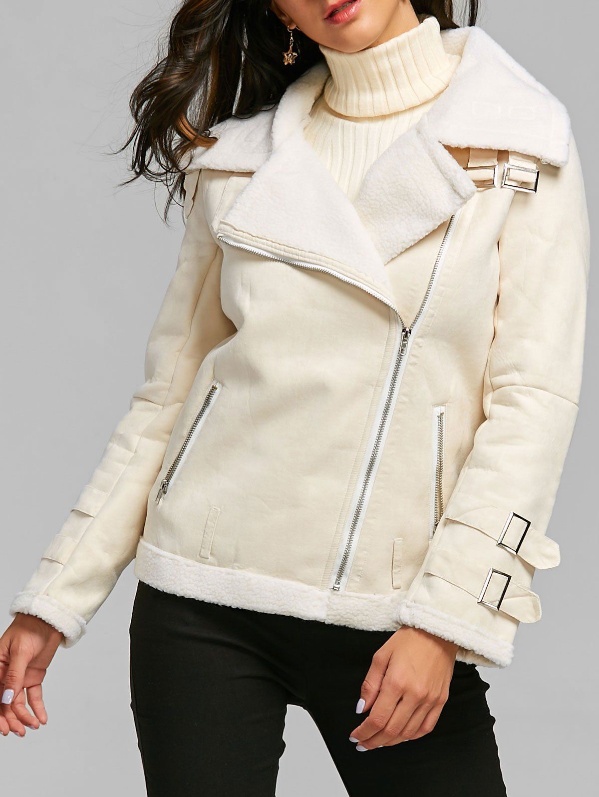 

Lapel Oblique Zipper Faux Shearling Coat, Off-white