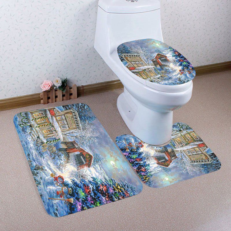 

3Pcs Christmas House Printed Bath Toilet Mats Set, Colorful
