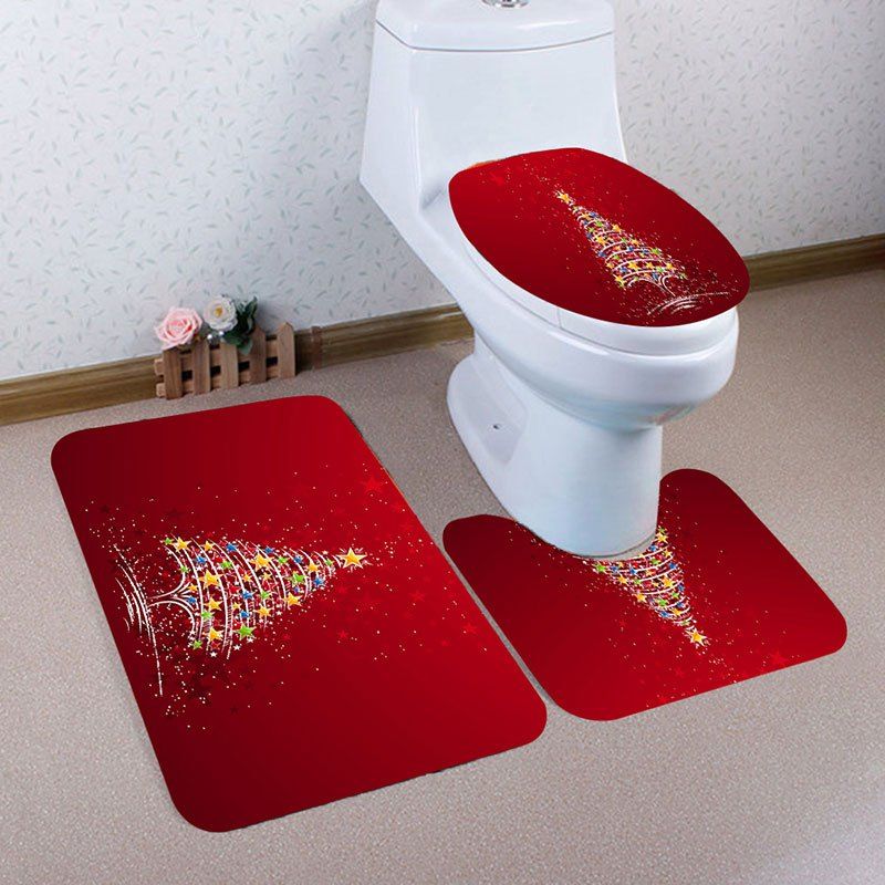 

Colorful Stars Christmas Tree Printed 3Pcs Bath Toilet Mats Set, Red