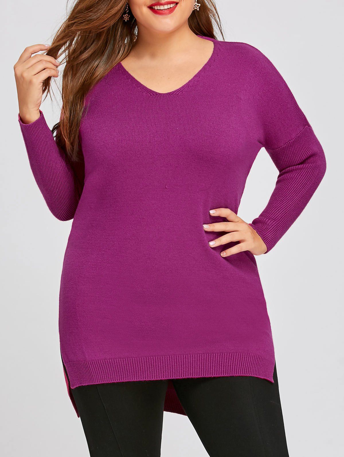 

Drop Shoulder High Low Plus Size Tunic Sweater, Purple
