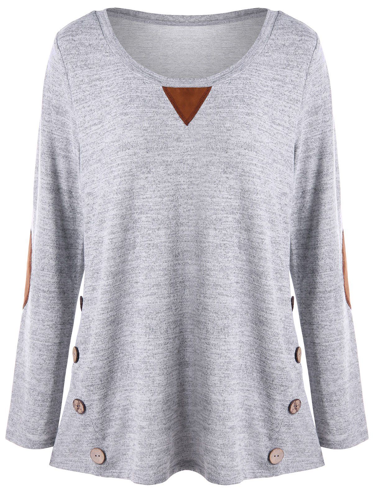 

Plus Size Button Decorated Elbow Patch T-shirt, Gray