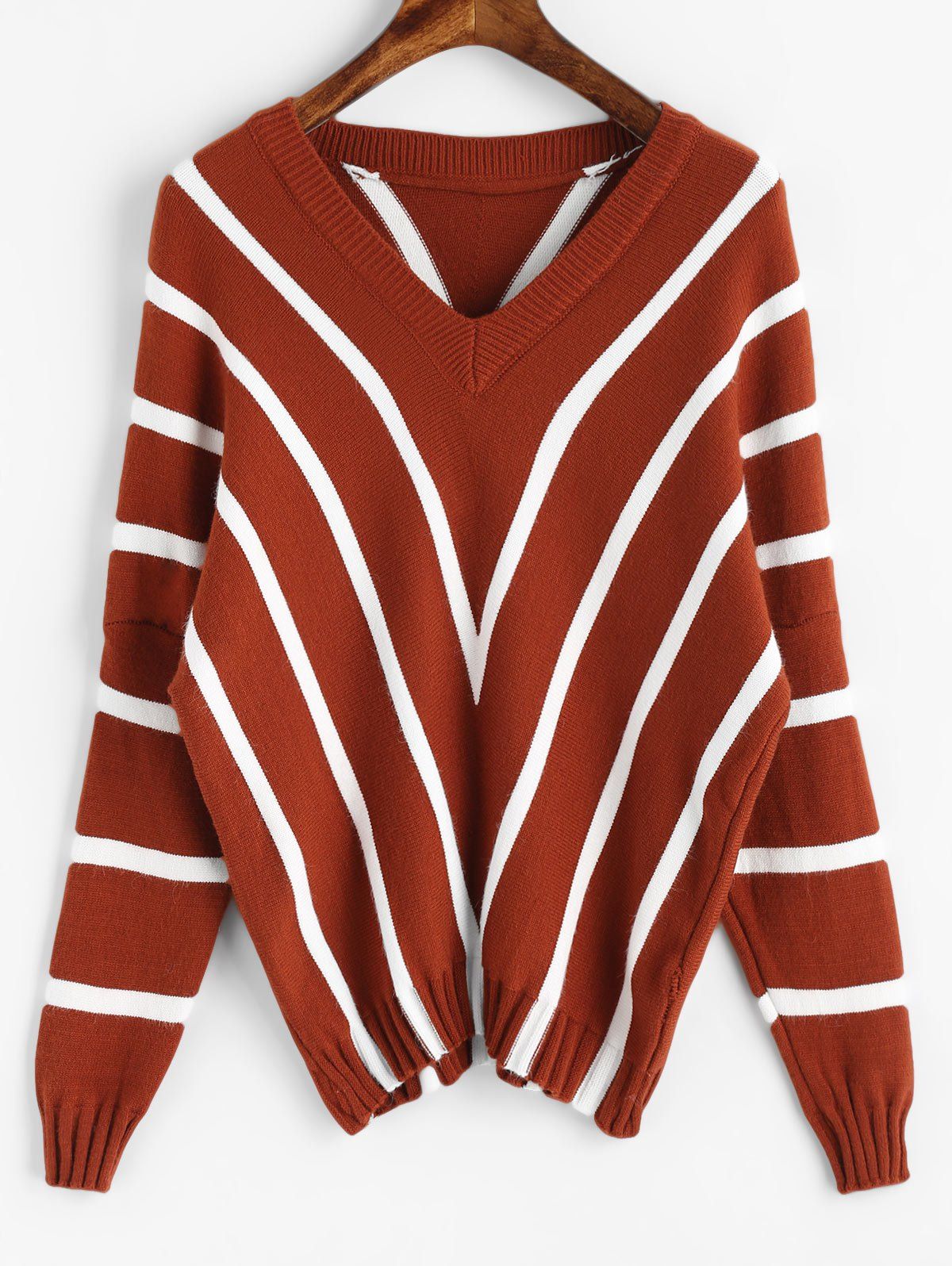 

Striped V Neck Batwing Sleeve Sweater, Brick-red