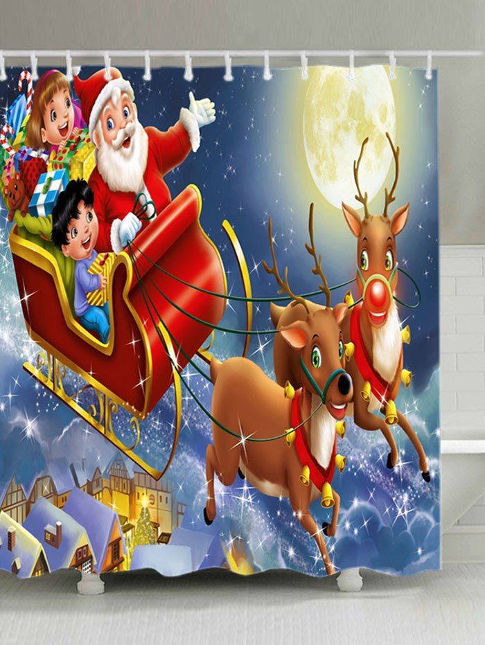 

Christmas Moon Santa Sleigh Print Waterproof Fabric Shower Curtain, Colormix