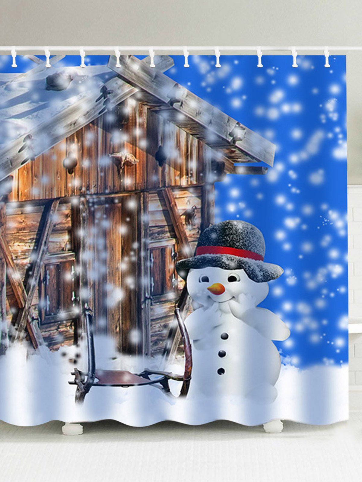 

Christmas Snowman and Wooden House Pattern Bathroom Curtain, Blue