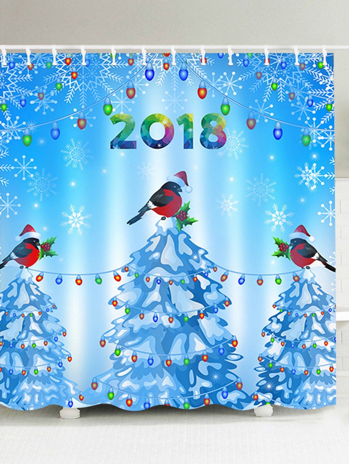 

Waterproof Christmas Trees and Birds Pattern Shower Curtain, Blue