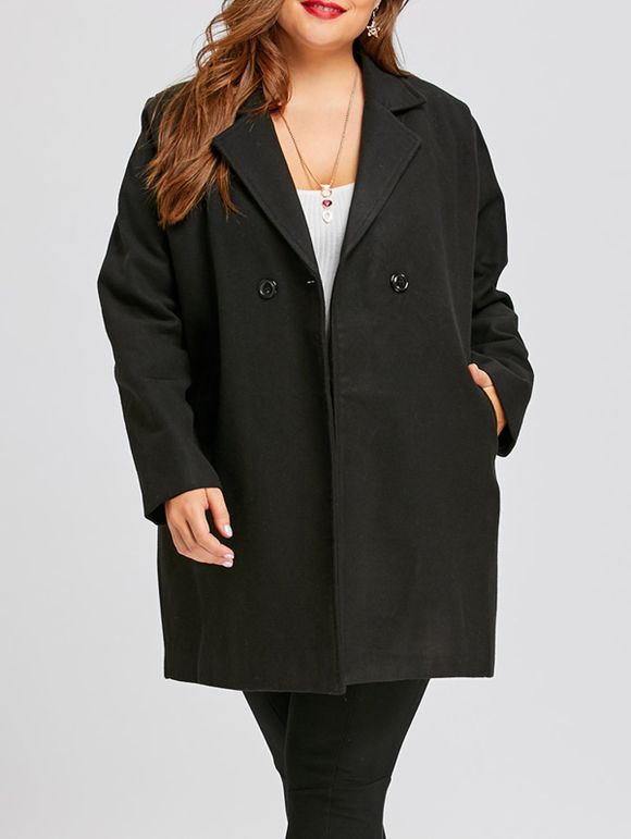 Manteau à Revers avec Double Boutonnage Grande-Taille - Noir 5XL