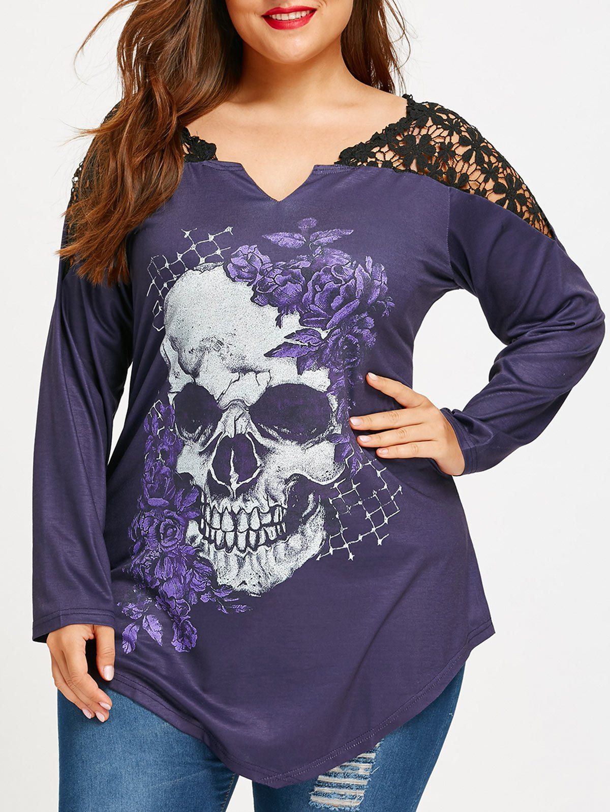 

Plus Size Lace Insert Skull Print Asymmetric Top, Purple