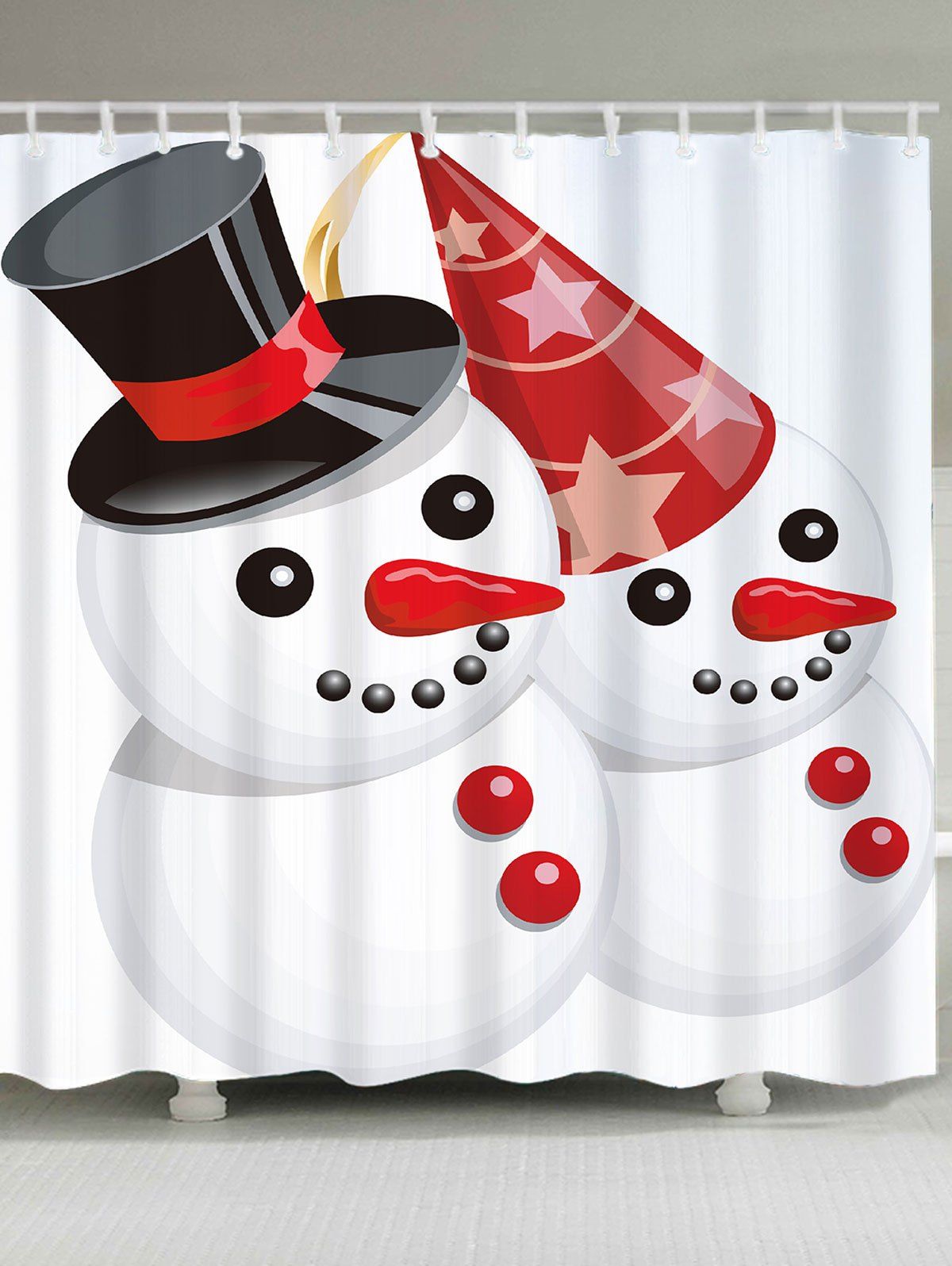 

Christmas Snowmen Couple Patterned Bath Curtain, White and red