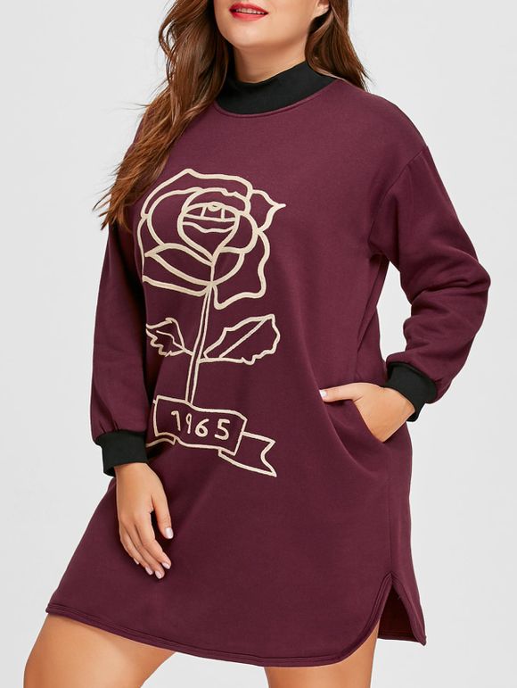 Sweatshirt Tunique Faux Col en Molleton Motif Rose Graphique Rose Grande Taille - Rouge vineux 2XL