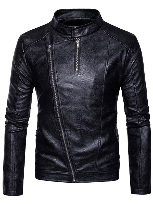

Oblique Zipper Design PU Leather Jacket, Black