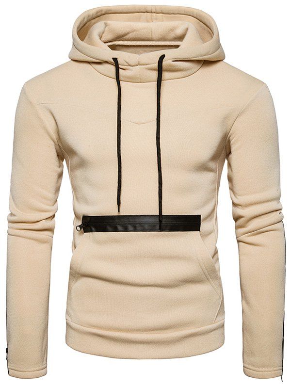 

Hooded Edging Zipper Fleece Pullover Hoodie, Beige