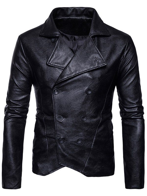 

Turndown Collar Double Breasted PU Leather Jacket, Black