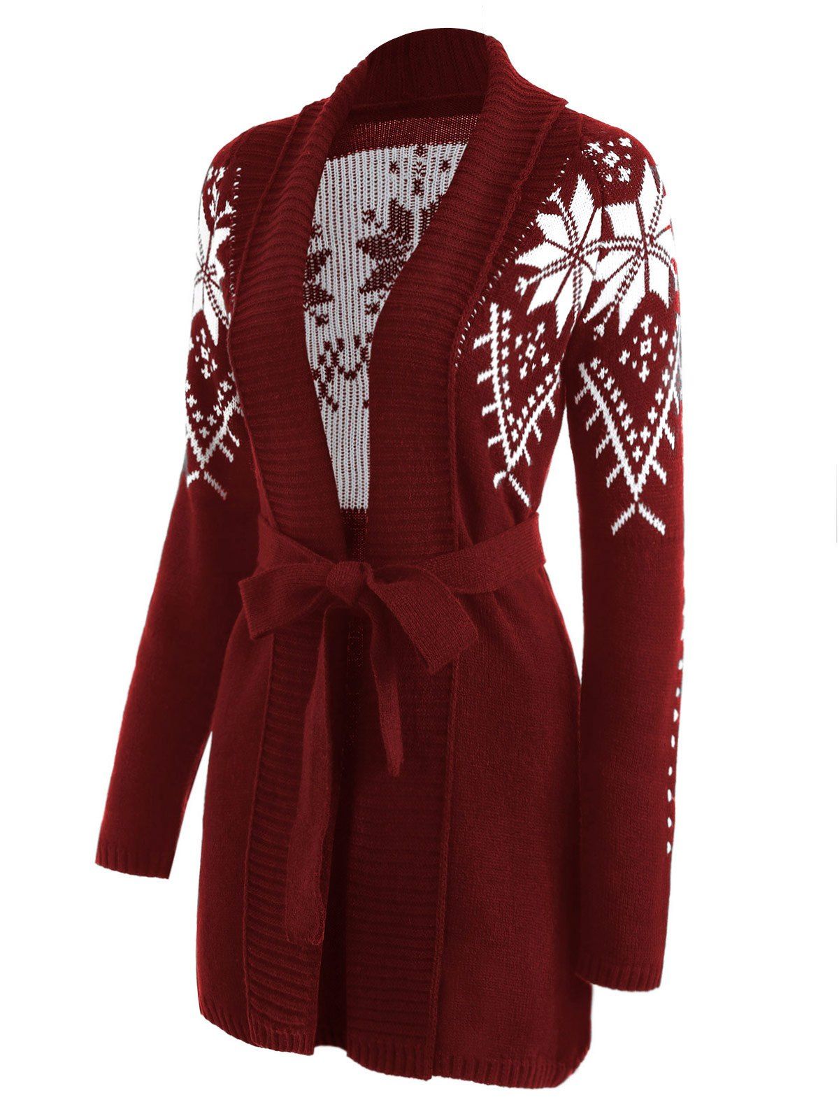 Shawl Collar Snowflake Jacquard Wrap Cardigan - WINE RED S