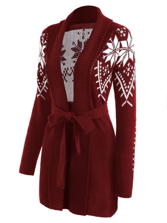 Shawl Collar Snowflake Jacquard Wrap Cardigan - WINE RED L