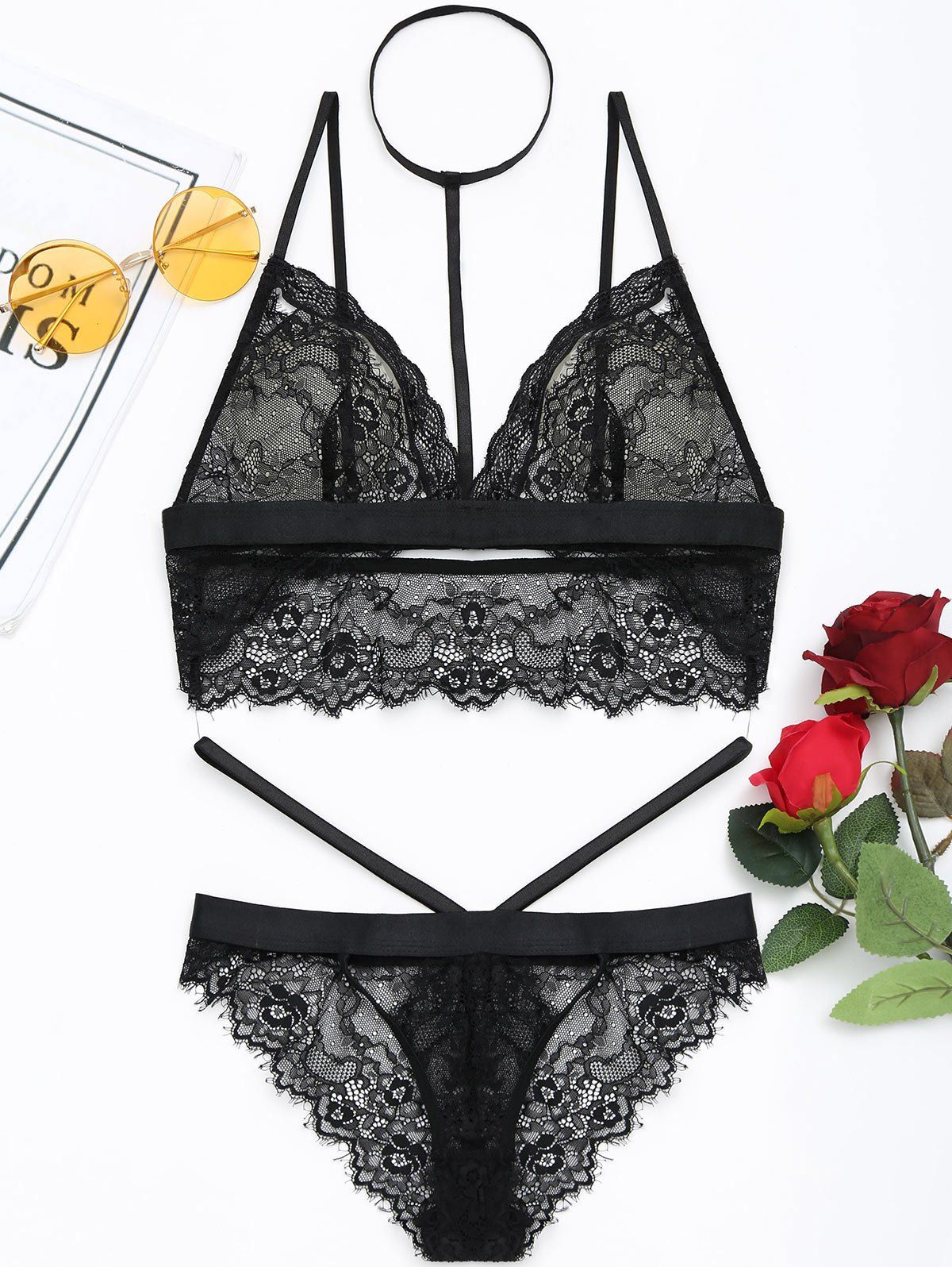 

Choker Caged Lace Bra and Panties Set, Black