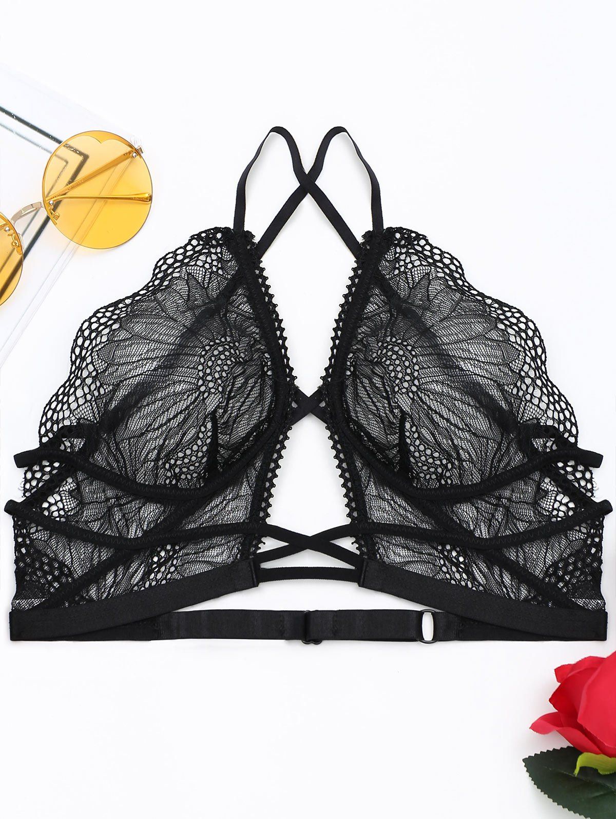 

Plunge Straps Sheer Lace Bra, Black
