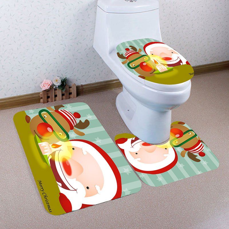 

3Pcs Cute Santa Claus and Elk Pattern Bathroom Mats Set, Colorful