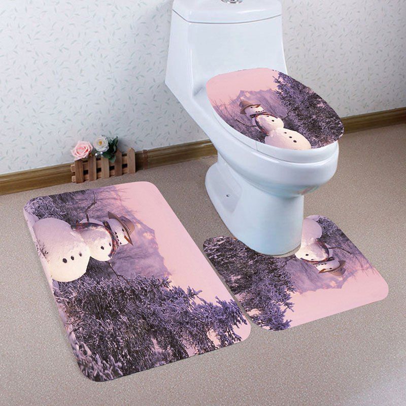 

3Pcs Christmas Snowman and Pines Printed Bath Toilet Mats Set, Light pink