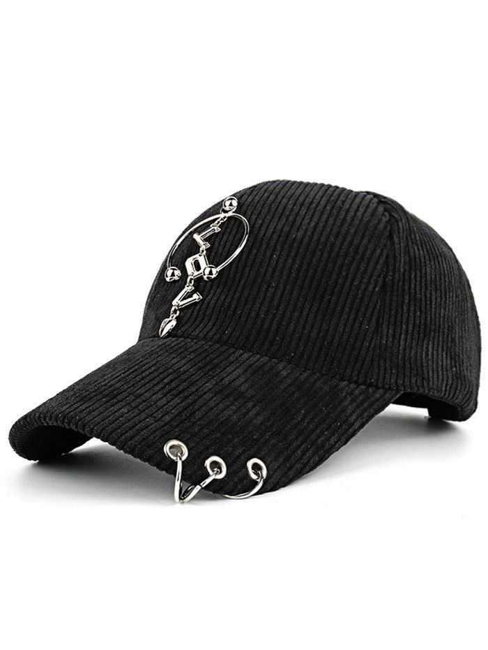 

Metallic Letters Circle Ring Decorated Corduroy Graphic Hat, Black