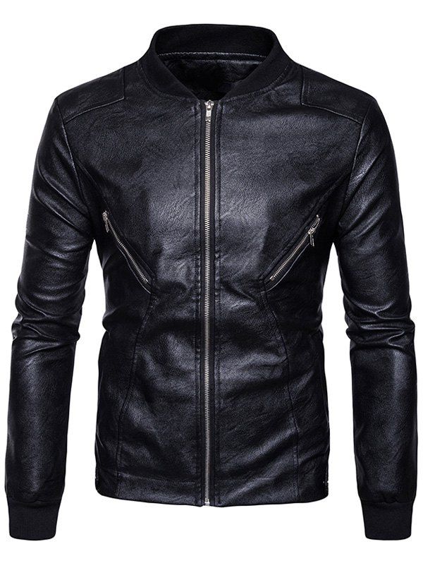 

Zip Up Rib Panel PU Leather Jacket, Black
