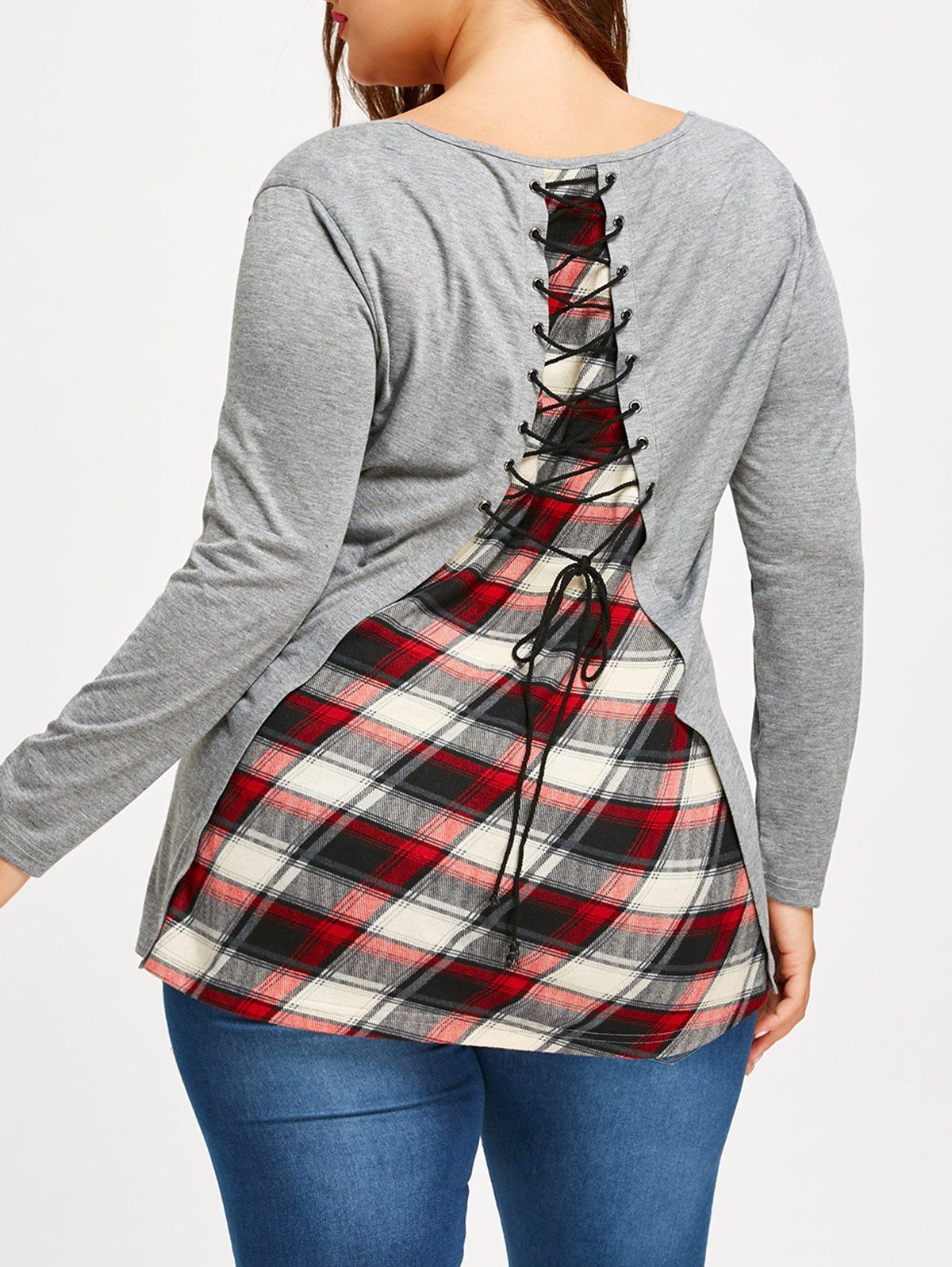 

Plus Size Back Lace Up Plaid Insert Top, Gray