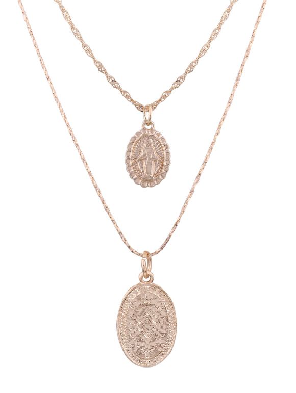Alloy Oval Engraved Goddess Pendant Necklace Set - GOLDEN 