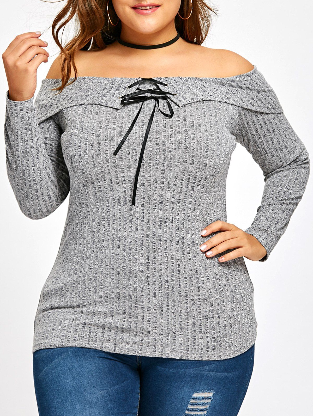 

Plus Size Lace Up Off The Shoulder Knitwear, Gray