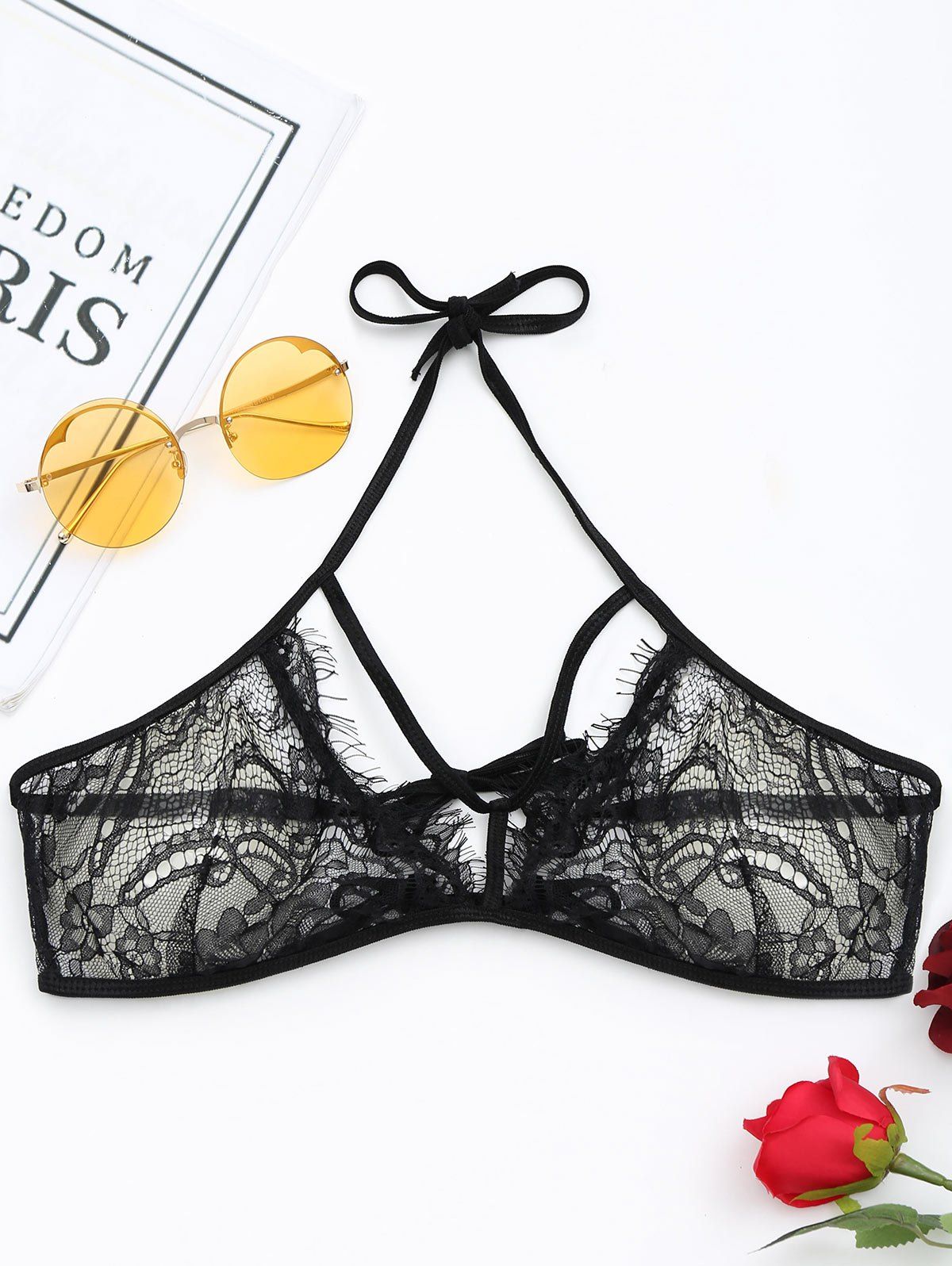 

Eyelash Halter Cutout Lace Bra Top, Black