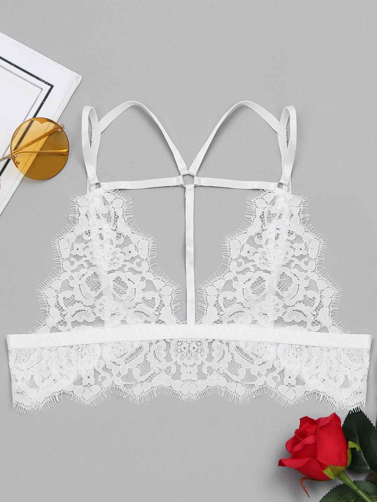 

Scalloped Sheer Lace Caged Bra Top, White