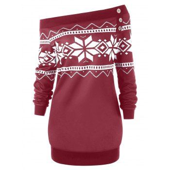 

Plus Size Snowflake Geometric Skew Neck Pullover Sweatshirt, Wine red