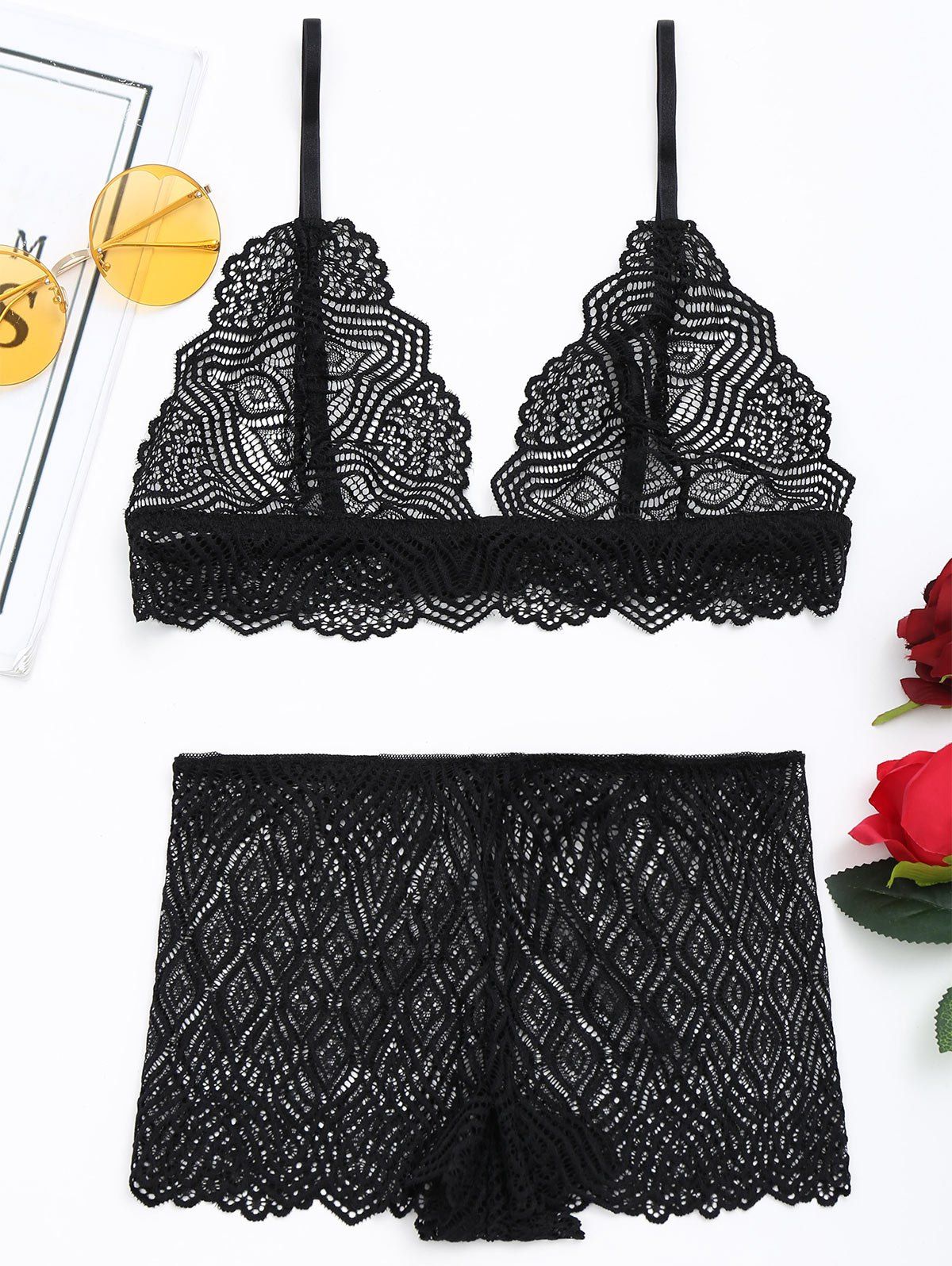 

Tiny Sheer Lace Bra and High Waist Panties Set, Black