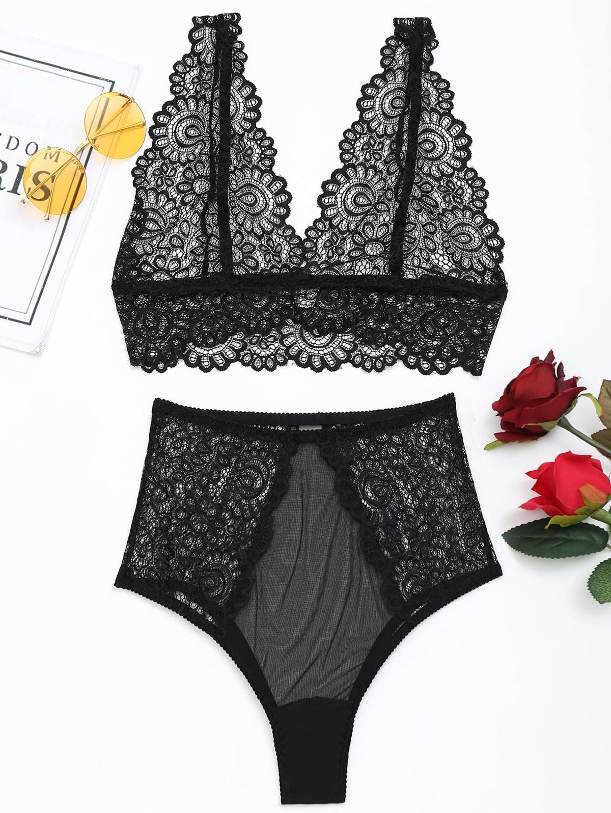 

See Through Lace Bralette Set, Black