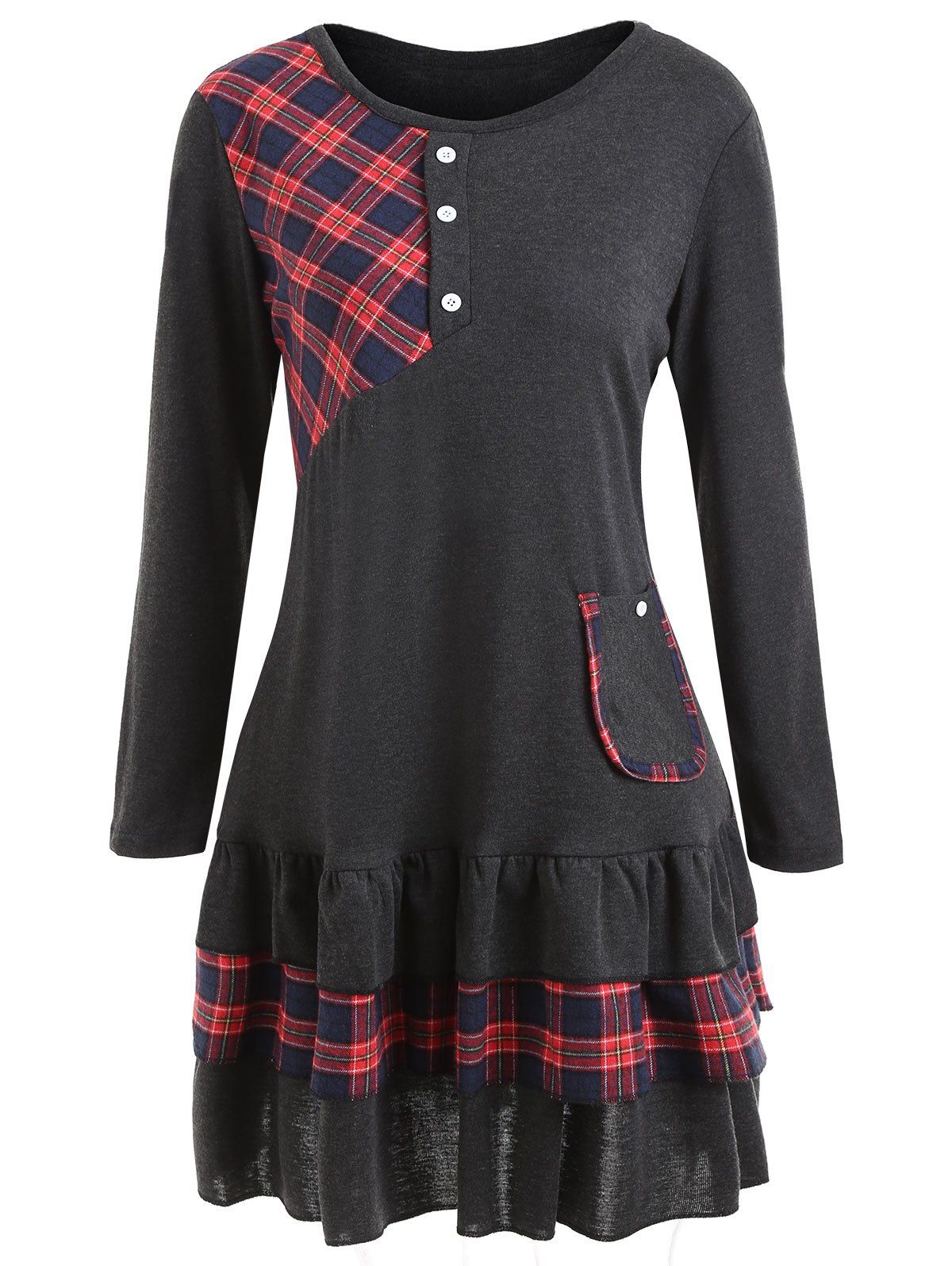 

Plus Size Plaid Panel Flounce Tunic Top, Dark gray