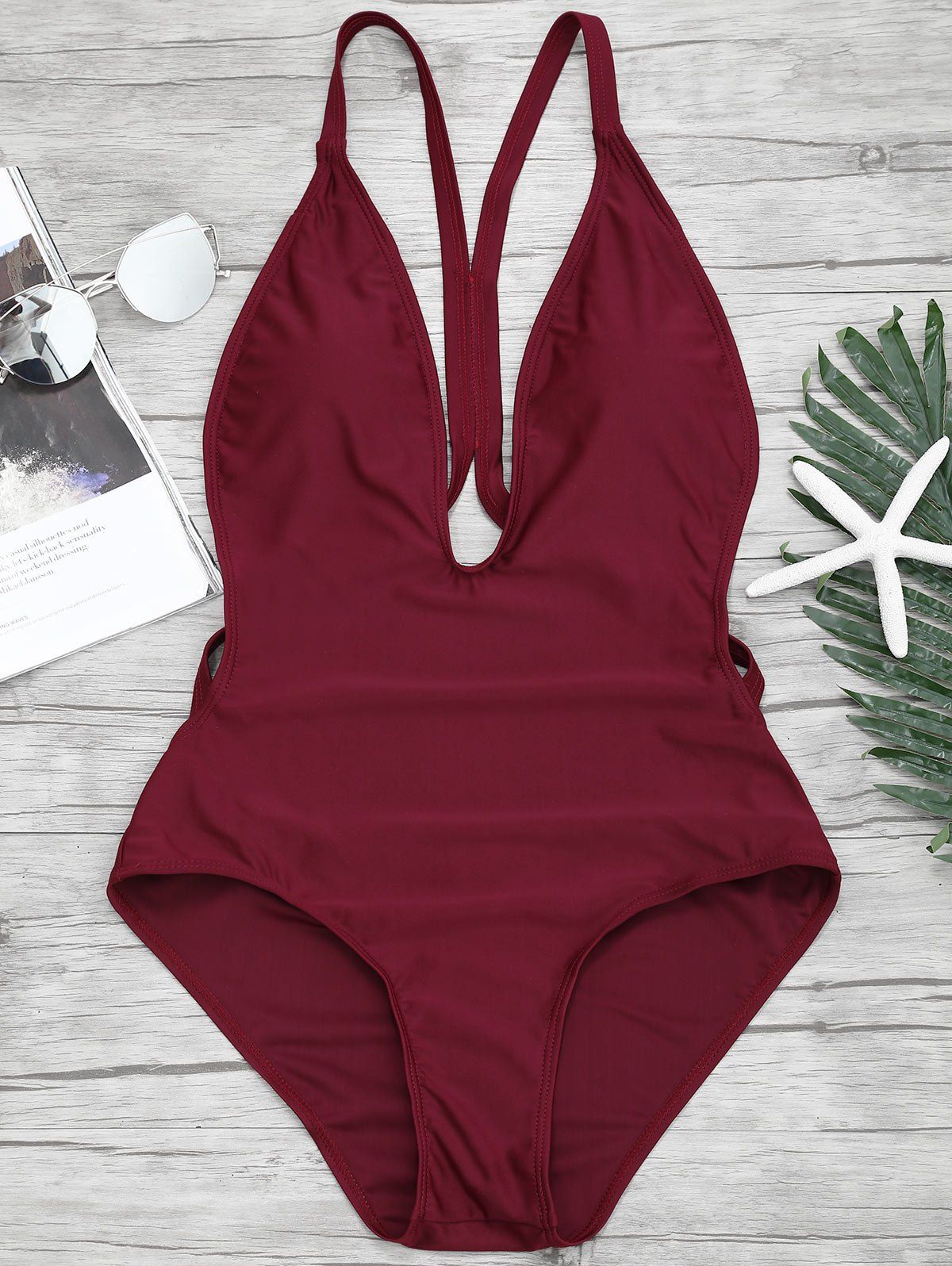 [41% OFF] 2020 Low Cut Backless One Piece Swimsuit In WINE RED | DressLily