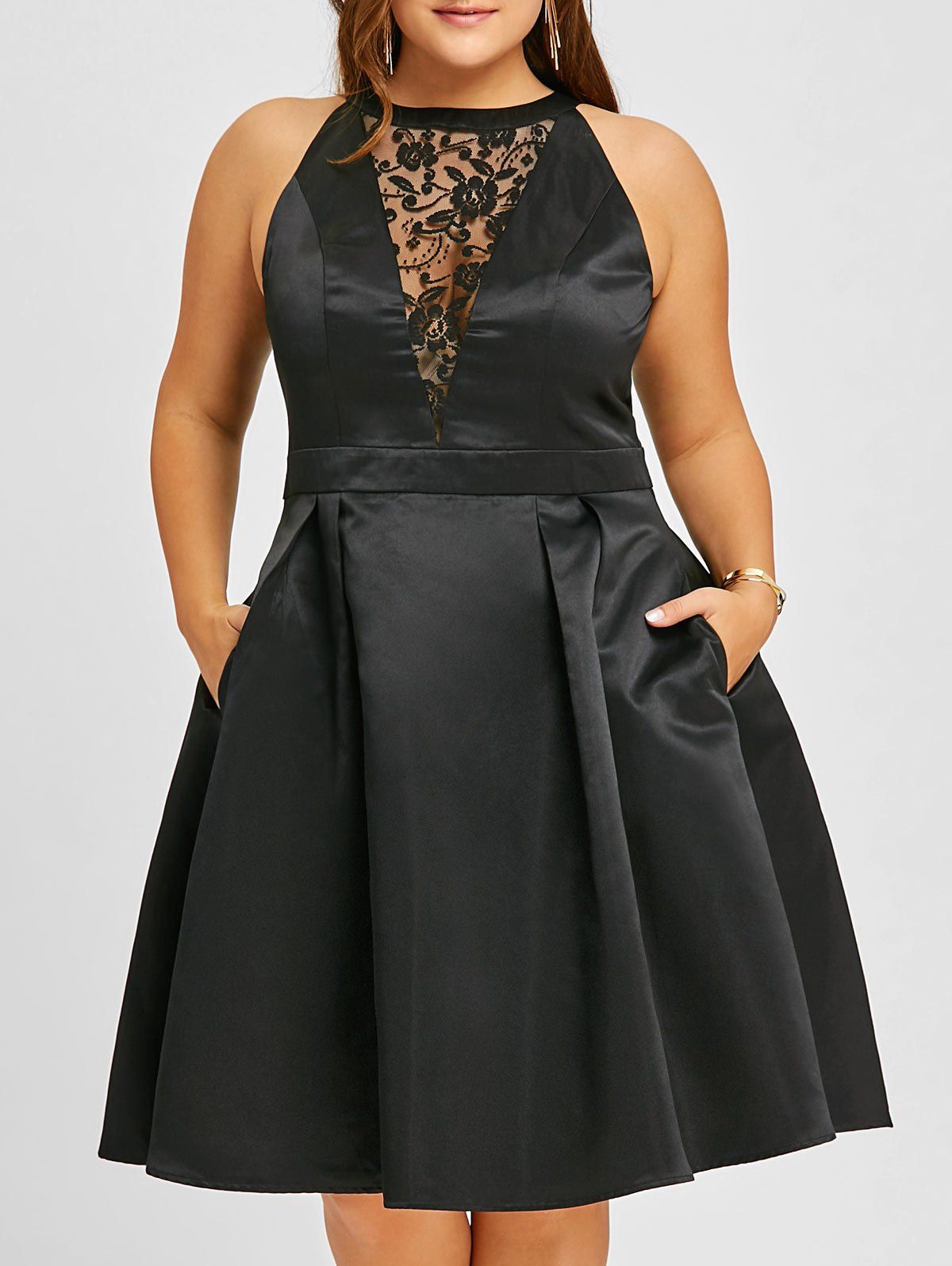 

Plus Size Lace Trim Sleeveless Swing Dress, Black