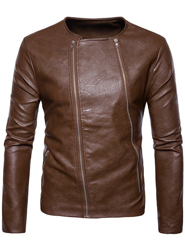 

Double Zippers PU Leather Jacket, Brown