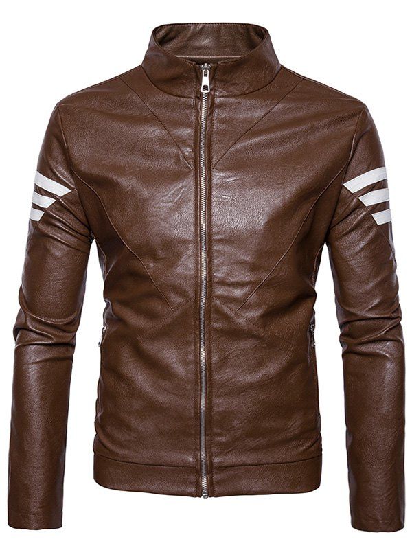 

PU Leather Stripe Embellished Zip Up Jacket, Brown