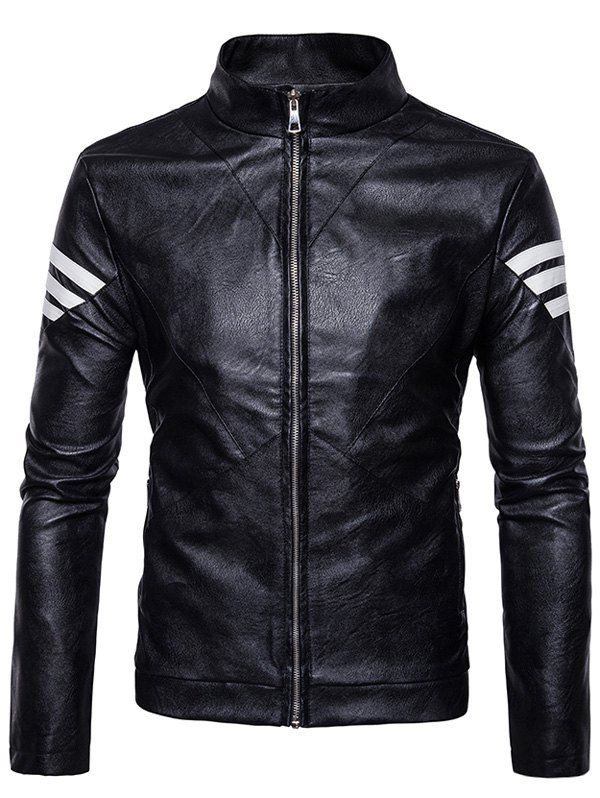 

PU Leather Stripe Embellished Zip Up Jacket, Black