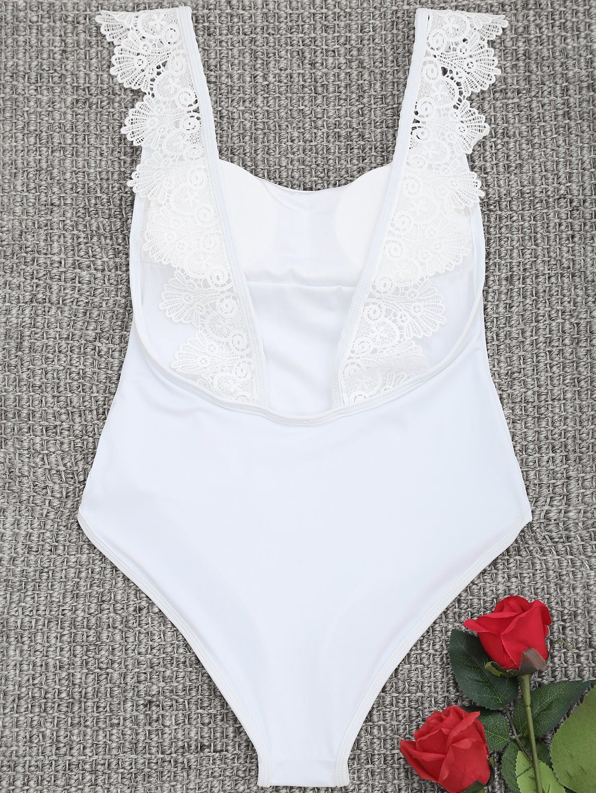 

Backless One Piece Lace Trim Swimsuit, White