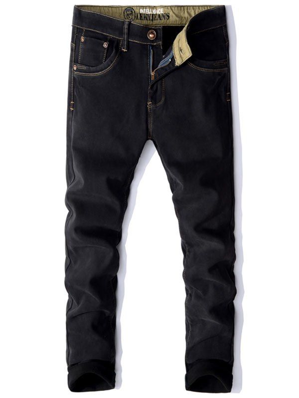 

Embroidery Pocket Zipper Fly Flocking Jeans, Black