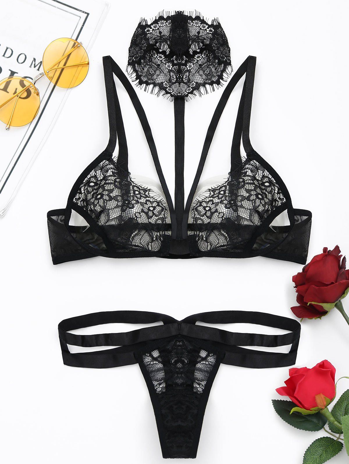 

Choker Caged Lace Bra Set, Black