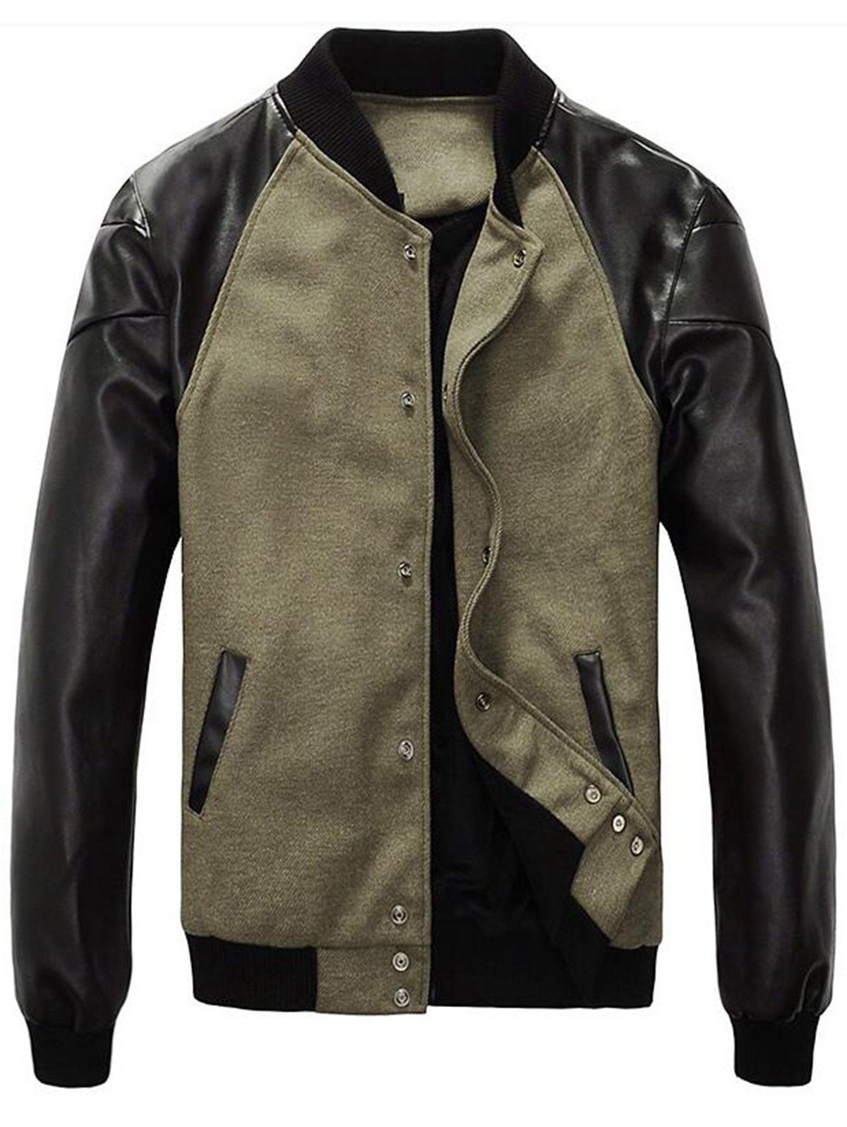 

Artificial Leather Panel Snap Button Wool Bend Jacket, Green