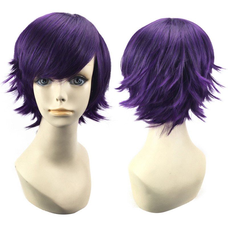 

Short Oblique Bang Straight Synthetic Cosplay Wig, Black purple