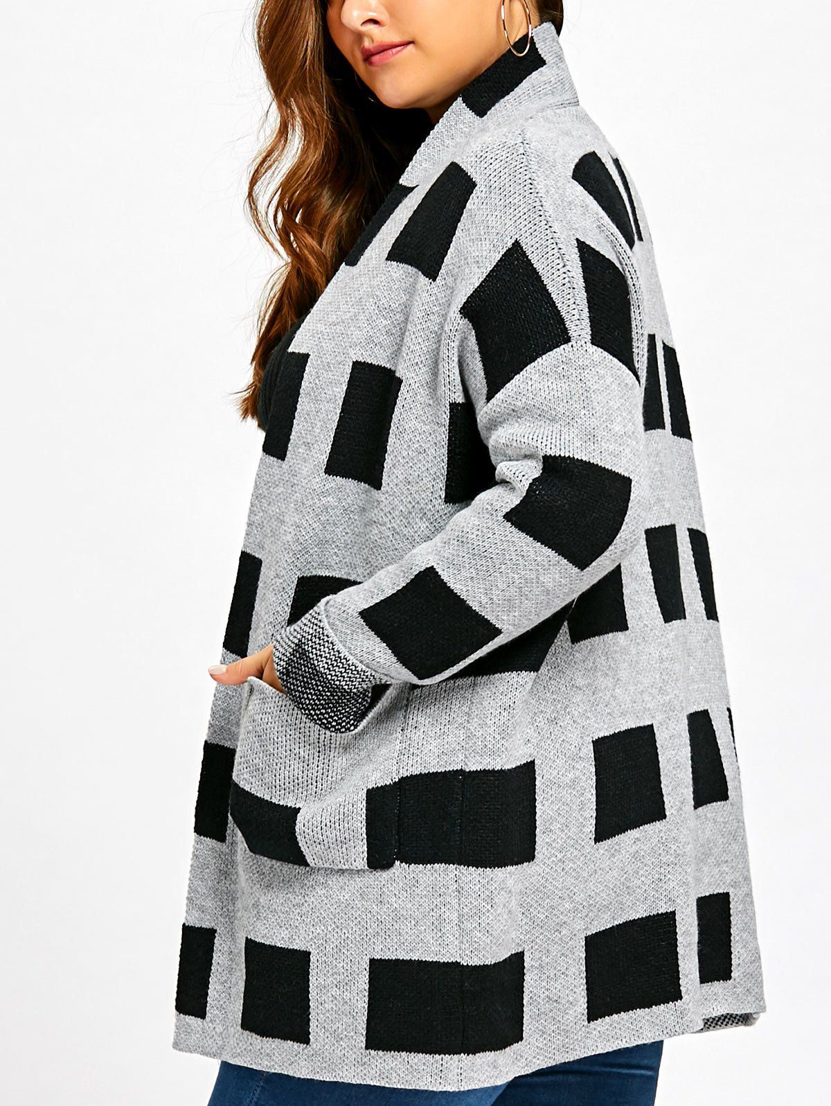 

Plus Size Open Front Pockets Plaid Cardigan