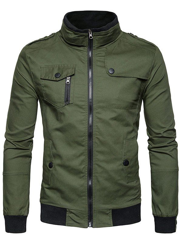 

Pockets Epaulet Zip Up Cargo Jacket, Army green