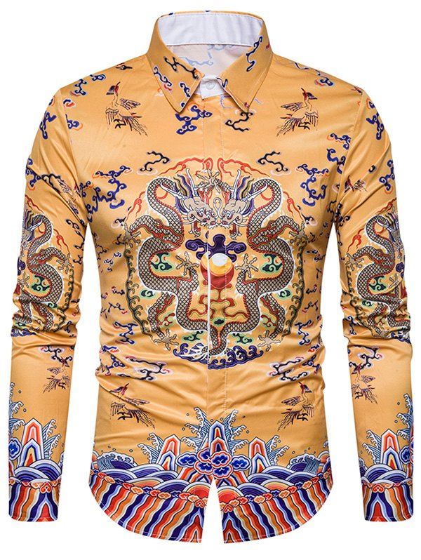 

Turndown Collar Chinoiserie Dragons Printed Shirt, Colormix
